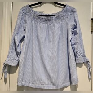 Women's Loft Size Medium Blue & White Striped 3/4 Sleeve Off The Shoulder Blouse
